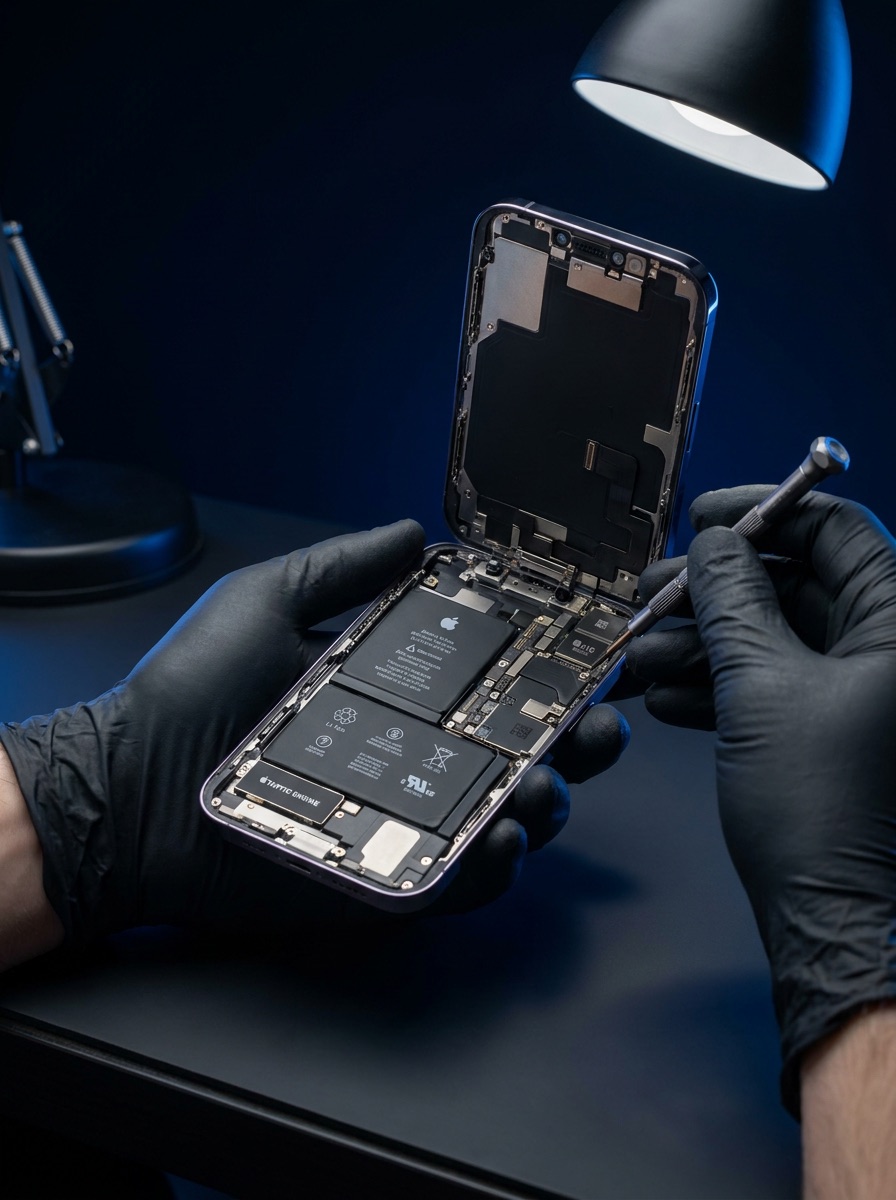 Técnico de Bipper reparando un iPhone con herramientas de precisión